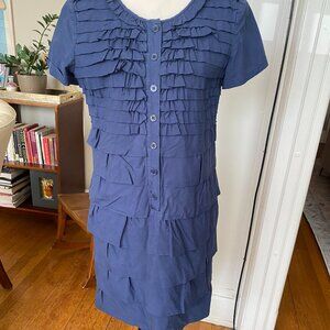 J. Crew Navy Blue Button-Up Carly Dress with Ruffles | Size 8